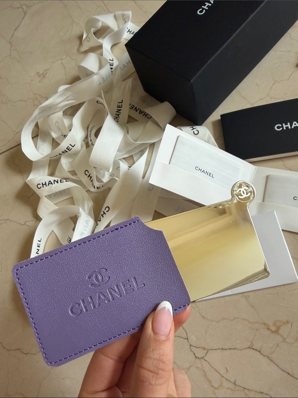 CHANEL compact mirror Lavender Leather card Sleeve with black box & white ribbon